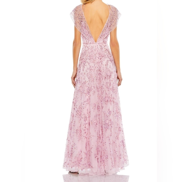 MacDuggal Sheer Embroidered Sequin Embellished Cap Sleeves Dress In Pink Size 18 - Picture 3 of 11